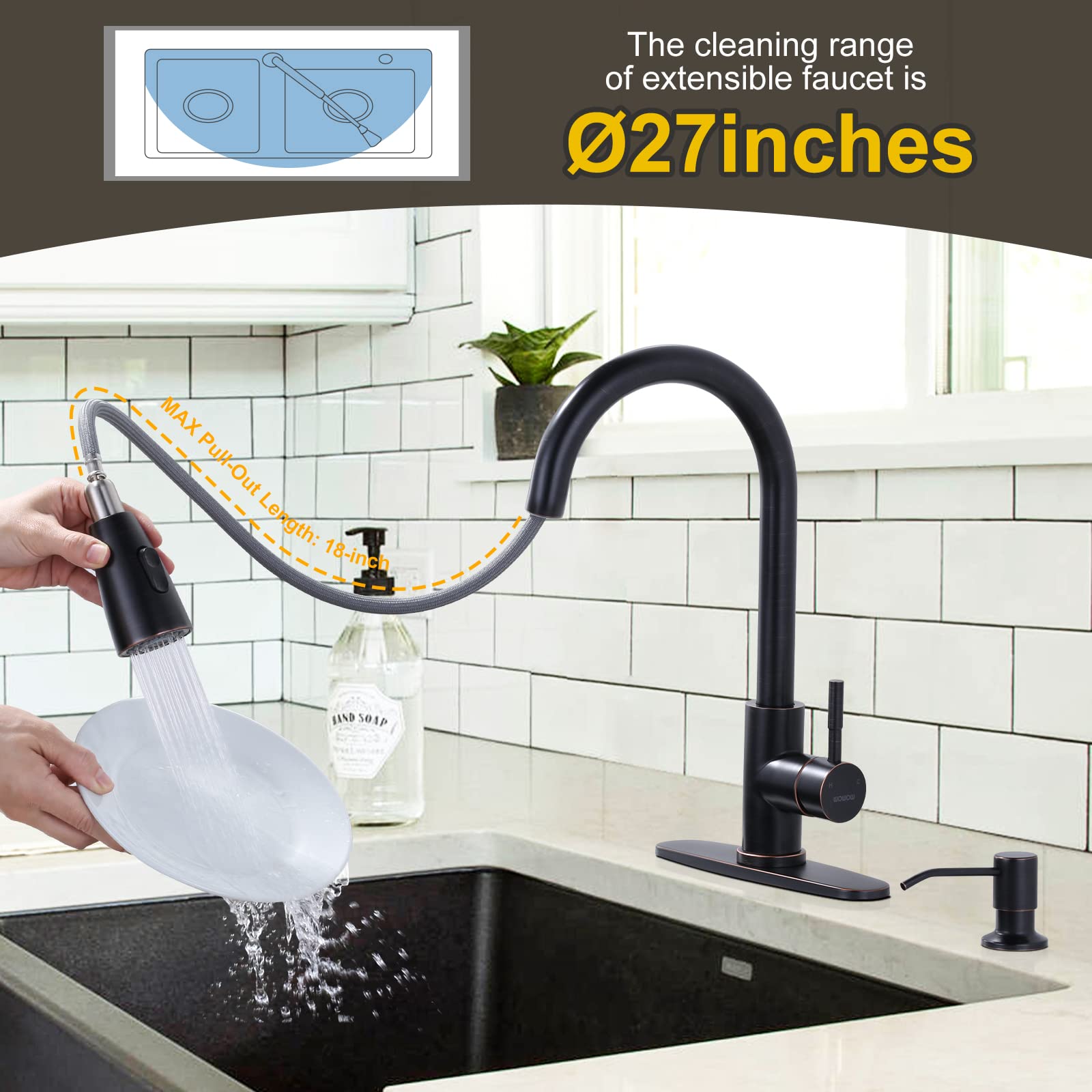 Oil-Rubbed Bronze Kitchen Faucet with Soap Dispenser  WOWOW Stainless Steel Kitchen Faucets for Sink  Pull Down Kitchen Faucet Single Handle High Arc Kitchen Sink Faucet with Deck-Plate